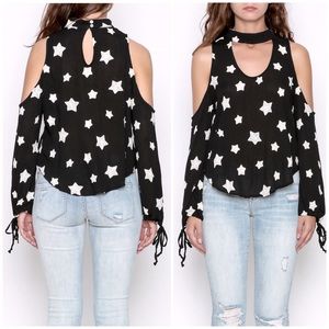 Star Embroidery Choker Cold Shoulder Top